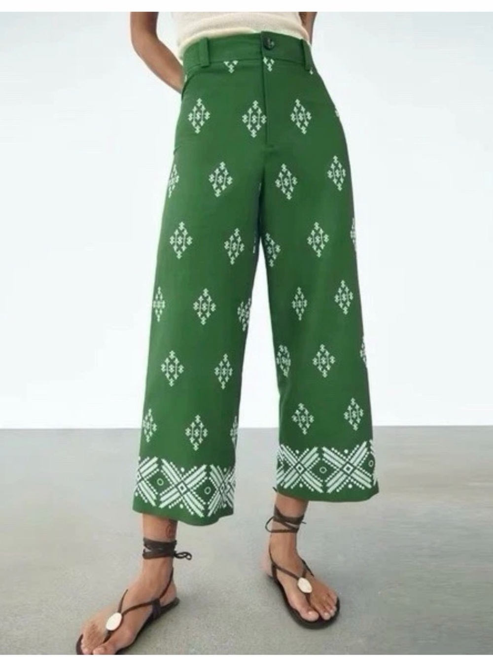 Zara High Waisted Embroidered Linen Blend Wide Leg Cropped Trousers Green Sz XS